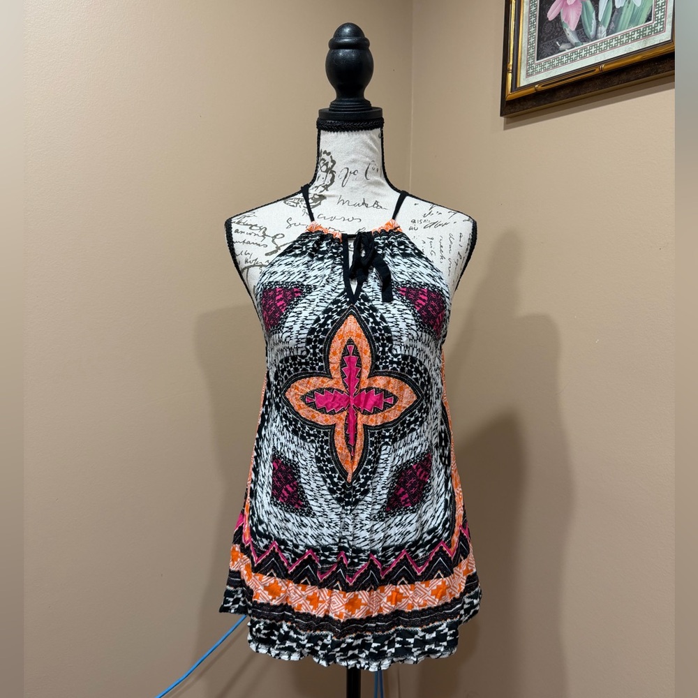 Boho Halter Tank Top Medium Tribal Print Orange Pink Black Flowy